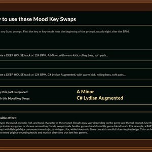 May include: A dark green and black graphic with text explaining "How to use these Mood Key Swaps." The text provides instructions on changing the mood and key of a music track, with examples of "Before" and "After" scenarios.