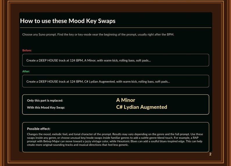 May include: A dark green and black graphic with text explaining "How to use these Mood Key Swaps." The text provides instructions on changing the mood and key of a music track, with examples of "Before" and "After" scenarios.
