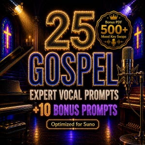May include: A digital graphic featuring the text 25 GOSPEL EXPERT VOCAL PROMPTS + 10 BONUS PROMPTS and Bonus PDF 500+ Mood Key Swaps Optimized for Suno. The design includes a grand piano, a microphone on a stand, and stained glass windows.