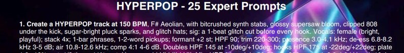 May include: Image with the text "HYPERPOP - 25 Expert Prompts". The text is white and the background is a gradient of purple, blue, and green. The text describes how to create a Hyperpop track.