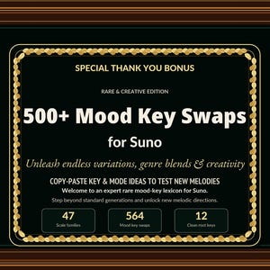 May include: A framed graphic with a black background and gold accents. The text reads "500+ Mood Key Swaps for Suno." It includes information on scale families, mood key swaps, and clean root keys. The frame is brown.