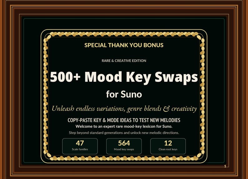 May include: A framed graphic with a black background and gold accents. The text reads "500+ Mood Key Swaps for Suno." It includes information on scale families, mood key swaps, and clean root keys. The frame is brown.