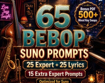 Bebop AI Music Prompts for Suno | 65 Expert, Lyrics, Mood Prompts (Digital Download)
