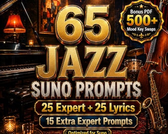 May include: A promotional image for a jazz music product. The image features the text "65 JAZZ SUNO PROMPTS" in gold lettering, along with "25 Expert + 25 Lyrics" and "15 Extra Expert Prompts." A bonus PDF is also advertised. Musical instruments are in the background.