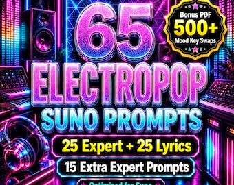 May include: A digital graphic featuring the text 65 ELECTROPOP SUNO PROMPTS with a bonus PDF 500+ Mood Key Swaps badge. The design includes neon pink and blue lighting, studio speakers, keyboards, and headphones against a dark background.