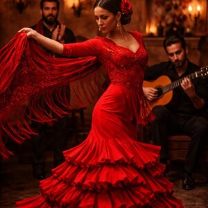 Puede incluir: Un vestido de flamenco rojo vibrante que presenta un corpi&ntilde;o ajustado con bordados intrincados, mangas tres cuartos y una falda voluminosa con m&uacute;ltiples niveles de volantes. Un mant&oacute;n de flecos rojo a juego se sostiene hacia un lado.