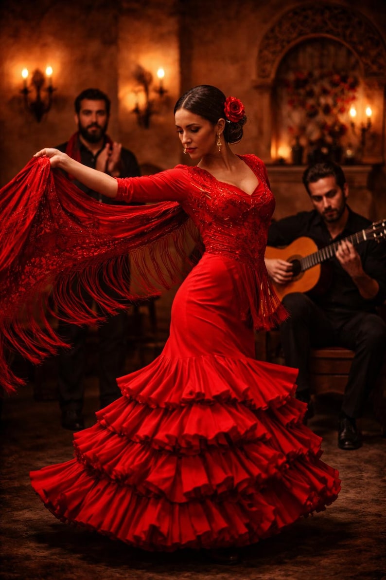 Puede incluir: Un vestido de flamenco rojo vibrante que presenta un corpi&ntilde;o ajustado con bordados intrincados, mangas tres cuartos y una falda voluminosa con m&uacute;ltiples niveles de volantes. Un mant&oacute;n de flecos rojo a juego se sostiene hacia un lado.