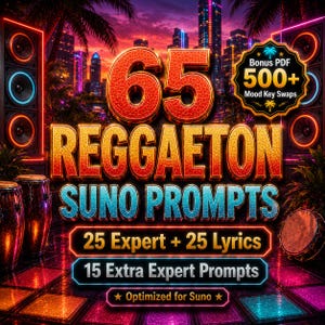 Reggaeton Suno Prompts | 65 Expert, Lyrics, Mood Swaps (Digital Download)