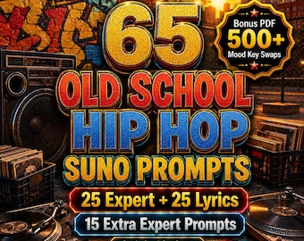 May include: A promotional image for an Old School Hip Hop product. The image features the text "65 Old School Hip Hop Suno Prompts" in bold, colorful lettering. Additional text includes "25 Expert + 25 Lyrics" and "15 Extra Expert Prompts". A bonus PDF with 500+ mood key swaps is also advertised.