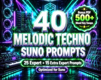 Pacchetto di prompt per melodica techno suno / 25 prompt esperti + 15 prompt bonus speciali esperti e oltre 500 scambi di tonalità d'atmosfera in formato PDF