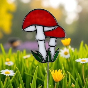 Stained Glass Mushroom Plant Stake, Garden Pot Decoration, Whimsical Plant Lover Gift, Handmade Garden Art