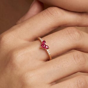 Conjunto de collar y anillo de rubí / Anillo de corazón, collar de corazón, joyería chapada en oro de plata 925