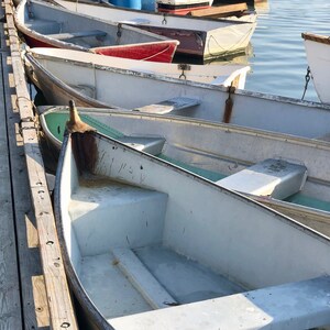 Docked Boats Photo // Nautical Photography // Beach Cottage Decor //  Cape Cod // Marshfield MA // Blue White Teal Boats // Nautical Decor