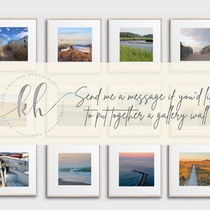 May include: A collage of 10 framed photographs of coastal scenes, including beaches, boats, and a wooden walkway. The photos are arranged in a grid pattern and have a light, airy feel. The text "Send me a message if you'd like to put together a gallery wall" is superimposed on the images.