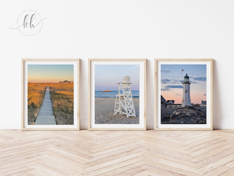 Set of 3 Scituate Prints, Lighthouse Photograph, The Spit, Minot Beach, Living Room Wall Art, Coastal Decor, Beach Cottage Decor Photo Set