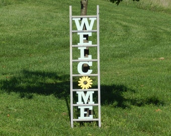 Vertical Porch Sign  WELCOME  Ladder Design, Miniature Ladder Sign