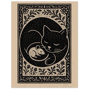 Cat & Mouse Print – Linocut Style Nursery Wall Art, Cozy Animal Illustration, Cottagecore Decor (8×10 / 11×14, Unframed)