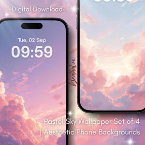 Pode incluir: Dois smartphones exibindo um papel de parede de céu pastel com nuvens rosa e roxas. A hora é 09:59 de terça-feira, 2 de setembro. O texto diz "-Download Digital-" e "Pastel Sky Wallpaper Set of 4 | Aesthetic Phone Backgrounds."