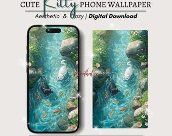 Fondo de pantalla de Kitty Pond para teléfono / Fondo de gato (Descarga instantánea)