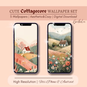 Op de afbeelding: Twee smartphones met cottagecore-achtergronden. De schermen tonen aquarel illustraties van een huis in een veld en een huis op een heuvel. De tekst erboven luidt "CUTE Cottagecore WALLPAPER SET". Daaronder staat "High Resolution | Fits iPhone & Android".