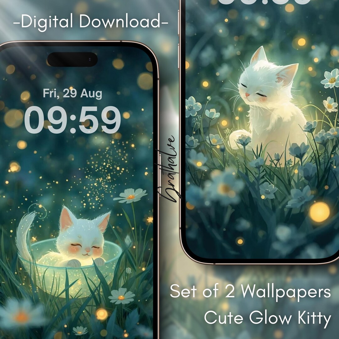Cute White Cat Phone Wallpaper Set of 2 | Cozy Aesthetic Lock Screen ...