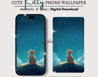 Lonely Kitty and Night Sky Wallpaper | Aesthetic Cat Phone Background | Instant Download for iPhone & Android