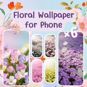 Op de afbeelding: Bloemenachtergronden voor telefoons met zes verschillende ontwerpen. De ontwerpen tonen kleurrijke bloemstukken en vlinders. De tekst "Floral Wallpaper for Phone" is in het paars weergegeven, met een bloemenachtergrond.