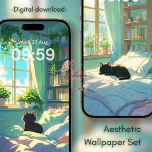Peut inclure: Téléchargement numérique d'un ensemble de fonds d'écran esthétiques. L'image présente deux écrans de téléphone affichant une scène de chambre confortable avec un chat noir, des livres et des plantes. L'heure sur le téléphone est 09:59 le mercredi 27 août.