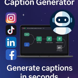 以下が含まれることがあります： AIソーシャルメディアキャプションジェネレーターを宣伝するグラフィック。画像には、ソーシャルメディアのアイコン、ワークフローを表示するラップトップ、および「数秒でキャプションを生成」というテキストが表示されています。
