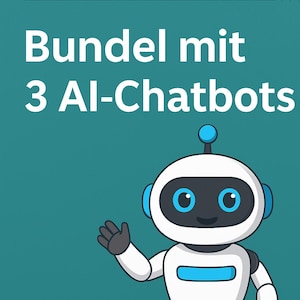 May include: A cartoon illustration of a white robot with blue accents, waving its hand. The text "SMART AI MARKET" is at the top, with "Bundel mit 3 AI-Chatbots" below. The background is a teal color.