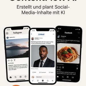 May include: Image promoting ContentFlow AI, showcasing social media content on Instagram, LinkedIn, and Facebook. The image includes a brain icon with a paintbrush, suggesting content creation and planning.