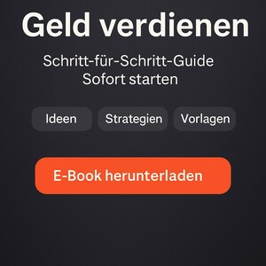 Op de afbeelding: Een digitale advertentie op een donkere achtergrond. De tekst luidt "Mit ChatGPT Geld verdienen" in grote witte letters, gevolgd door "Schritt-f&uuml;r-Schritt-Guide Sofort starten." Er zijn knoppen voor "Ideen", "Strategien" en "Vorlagen". Een oranje knop zegt "E-Book herunterladen."