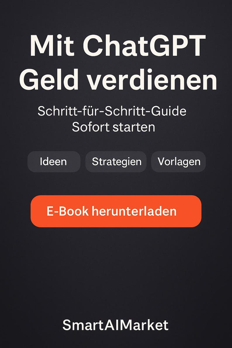 Op de afbeelding: Een digitale advertentie op een donkere achtergrond. De tekst luidt "Mit ChatGPT Geld verdienen" in grote witte letters, gevolgd door "Schritt-f&uuml;r-Schritt-Guide Sofort starten." Er zijn knoppen voor "Ideen", "Strategien" en "Vorlagen". Een oranje knop zegt "E-Book herunterladen."