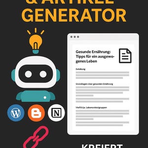 Puede incluir: Ilustración que promociona un generador de artículos y blogs de IA. La imagen presenta un robot con cabeza de bombilla, un documento con texto en alemán y las palabras "AI BLOG POST & ARTIKEL GENERATOR" en amarillo.