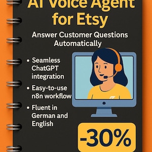 Könnte beinhalten: Werbung für einen KI-Sprachagenten für Etsy. Das Bild zeigt eine Cartoon-Figur mit Headset. Der Text enthält "Kundenfragen automatisch beantworten", "Nahtlose ChatGPT-Integration" und "-30%" in einem gelben Feld.