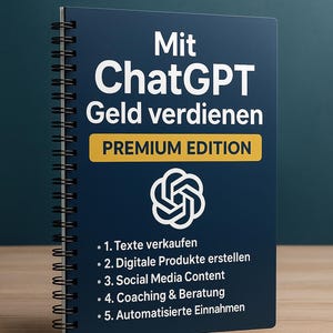 Op de afbeelding: Een donkerblauw spiraalgebonden notitieboek met witte tekst: "Mit ChatGPT Geld verdienen" en "PREMIUM EDITION". De kaft heeft ook een wit logo en opsommingstekens met onderwerpen zoals "Texte verkaufen".