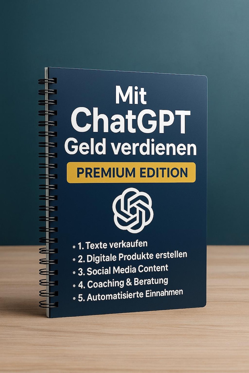 Op de afbeelding: Een donkerblauw spiraalgebonden notitieboek met witte tekst: "Mit ChatGPT Geld verdienen" en "PREMIUM EDITION". De kaft heeft ook een wit logo en opsommingstekens met onderwerpen zoals "Texte verkaufen".