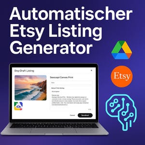 Peut inclure: Un écran d'ordinateur portable affiche une interface de liste Etsy avec le texte "Seascapt Canvas Print". L'image présente un coucher de soleil sur l'océan. Le fond porte le texte "Automatischer Etsy Listing Generator."