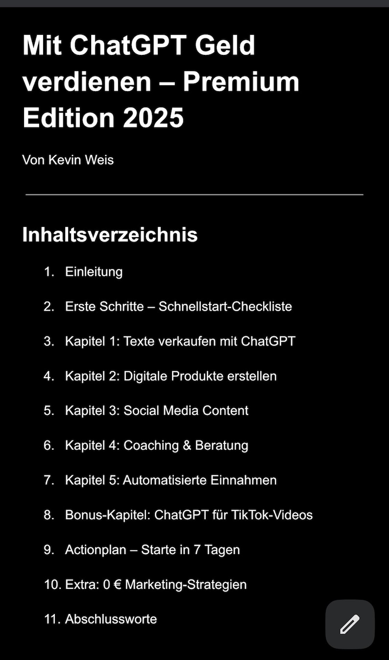 Op de afbeelding: Een zwarte achtergrond toont de titel "Mit ChatGPT Geld verdienen - Premium Edition 2025" en de auteur Kevin Weis. De afbeelding toont een inhoudsopgave met hoofdstukken over het gebruik van ChatGPT voor inkomsten, inclusief digitale producten.