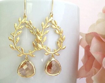 Peach Earrings. Champagne Earrings.Laurel Wreath Earrings.Blush Pink Earrings.Gold Dangle Earrings.Bridal Earrings.Bridesmaid Jewelry.Gift