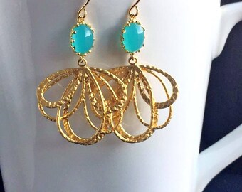 Aqua Gold Chandelier Earrings Aqua Chalcedony Earrings Drop Earrings Bridesmaid Earrings Wedding Earrings Bridal Earrings Delicate Dainty