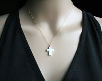 Gold Cross Necklace. Cross Necklace. White Cross. Christ. Jesus Christ. Spiritual Gifts.Mother of Pearl.Beaded Necklace.Gold Filled Necklace