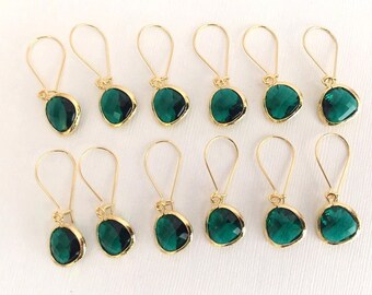 10% OFF SET of 6 Wedding Jewelry Gold Green Earrings,Emerald Green Earrings,Dark Green Bridesmaid Earrings,Bridal Earrings,Wedding Earrings