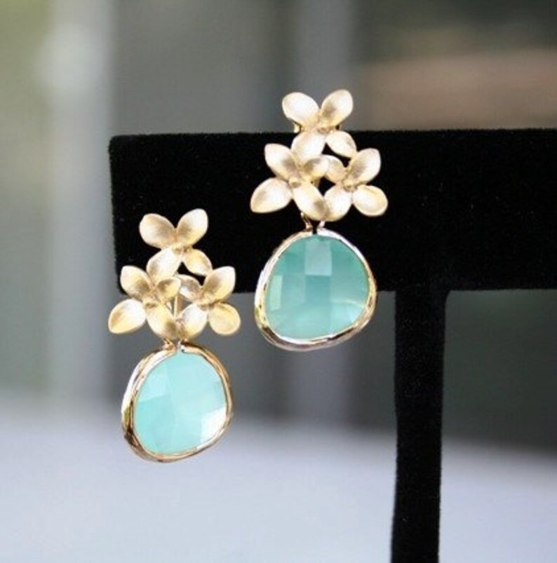 Flower and Mint Earrings in Gold. Mint Green Earrings.Gold Etsy