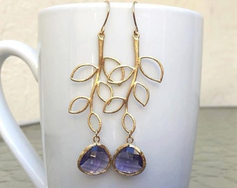 Gold Leaf Lavender Earrings. Lavender Jewelry. Purple Earrings. Dark Purple. Deep Purple. Bridesmaid Earrings.Bridesmaid Gift.Bridal Jewelry