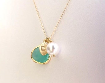 Mint Pearl Gold Filled Necklace, Christmas gift,Birthstone, Custom Initial, Birthday Gift, Flower Girl Gift, Gold Bridesmaid Necklace, Mint,