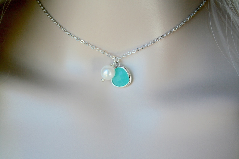 Mint Necklace,Christmas Gift,Social Distance Gift,Quarantine Sterling Silver Birthstone Necklace Custom Initial Aqua Chalcedony Necklace