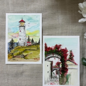 Original A6 Watercolor Painting: Coastal Lighthouse or Greek Island Creepers