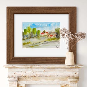 A5 Watercolor Village Painting: Original Countryside Landscape Art