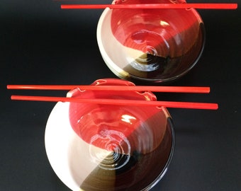 Pair of Red, White and Black Ramen Bowls